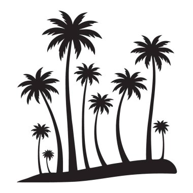 Tropikal Ada Manzarasında Sayısız Palmiye Ağaçları Silueti Çizimi