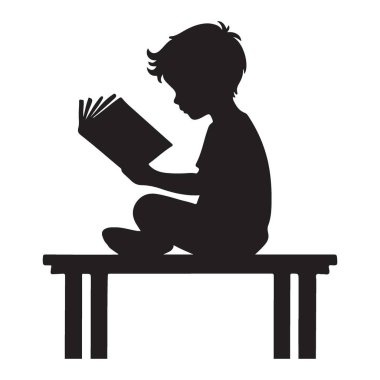 Bench Vektör İllüstrasyon Sanatı Üzerine Okuma Yapan Çocuk Silueti