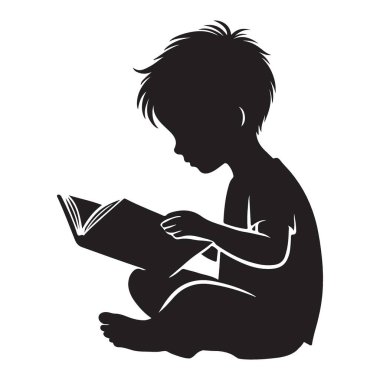 Çocuk çapraz bacaklı konum silueti resimlerinde kitap okuyor
