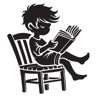 Sandalyede Dinlenen Çocuğun Silueti Kitap Sanatı Çizimleri Okuyor