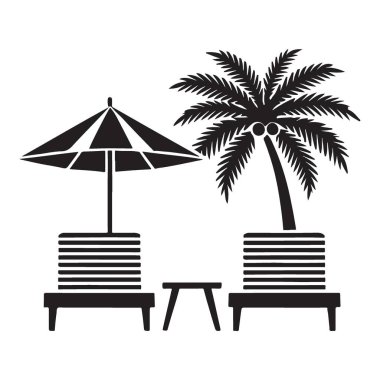 Plajda güneşli şemsiyeli ve palmiyeli tatil illüstrasyonu