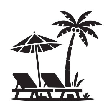 Palmiye ağacı ve şezlonglu Plaj Sahne Vektörü