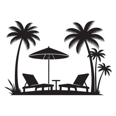 Palm Trees Sandalyeleri ve Şemsiyeli Huzurlu Plaj Vektörü İllüstrasyonu