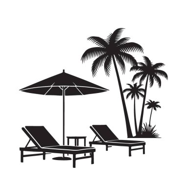 Siluet Plaj Sahne Vektörü Palm Trees Sandalyeleri Şemsiyesi