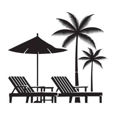 Palm Trees ve Salon Sandalyeli Tropik Plaj Silueti Sanat Eserleri