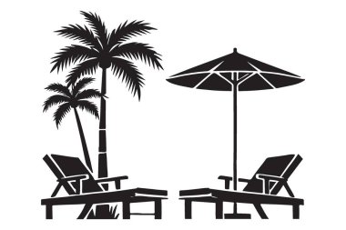 Palm Trees ve Lounge Sandalyeleri Sahne Silueti Çizimi