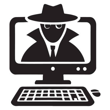 Fötr şapkalı bir bilgisayar ekranındaki casus dedektifin silueti.