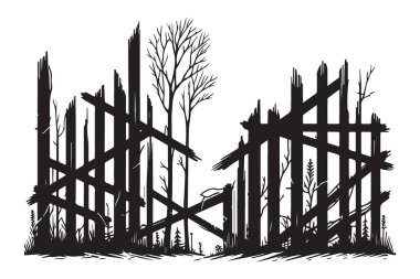 Çorak kış ormanlarının ortasında harap olmuş kırsal çit çizimleri.