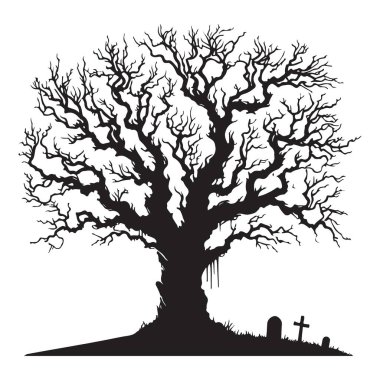 Korkunç Siluet Cadılar Bayramı Ağacı Graves Vektör Çizim Tasarımı