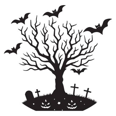 Yarasalarla Ürkütücü Cadılar Bayramı Ağacı Silüeti Vektör İllüstrasyonu