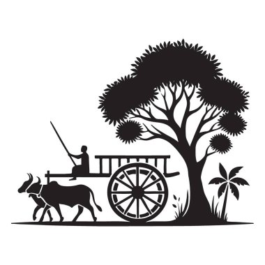 Serene kırsal manzara vektör sanatı ağaç altında öküz arabası