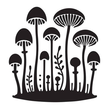 Doğa Temalı Tasarımlar için Mantar Ormanı Silüeti Vektör İllüstrasyonu
