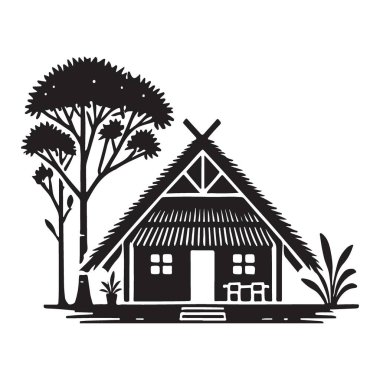 Palmiye Ağacı Egzotik Tatil Kaçamağı Tasarımlı Tropikal Kulübe Çizimi