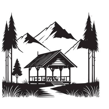 Manzaralı Dağ Manzarası Çizimi Huzurlu İnziva Tasarımı Konsepti