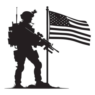 Amerikan Bayrak Resimlerinin yanında nöbet tutan bir askerin silueti.