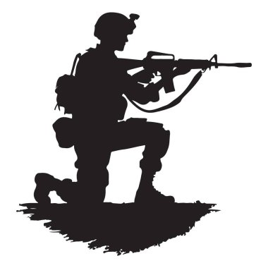 Bir askerin silueti hazır tüfekle diz çökmüş.