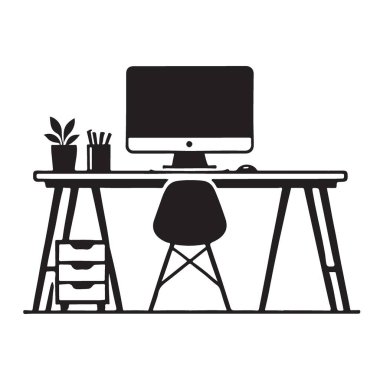Ofis Dekorasyonu için Bilgisayar Vektörü İllüstrasyonlu Modern Masa