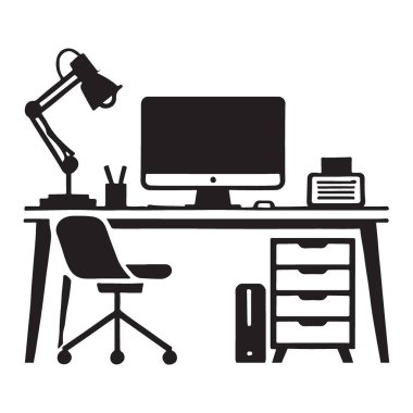 Ofis masası kurulum vektör illüstrasyon bilgisayar çalışma masası sandalyesi