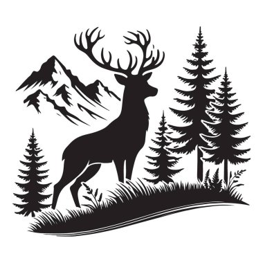 Majestic Dağları Arkaplanlı Dramatik Geyik Silueti Resimleri