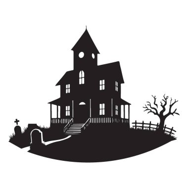 Cadılar Bayramı için Hayaletli Ev Silueti Clipart Vektörü