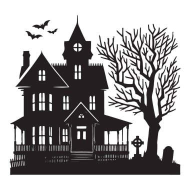 Cadılar Bayramı teması için Hayaletli Konak Silueti Vektör İllüstrasyonu
