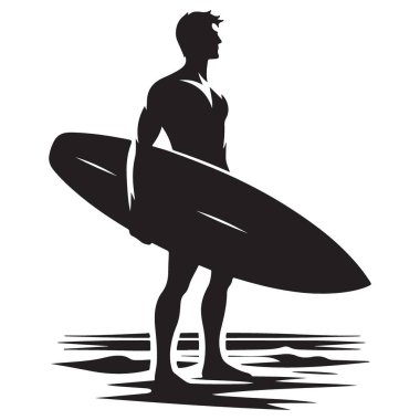 Siluet Sörfçü Sahilde Sörf Tahtası Vektör Sanatıyla Duruyor