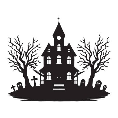 Ürkütücü tasarımlar için detaylı perili ev silueti çizimi