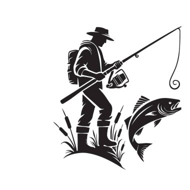 Balıkçı Silueti Balık Çubuğu Kancasıyla Balık Yakalıyor