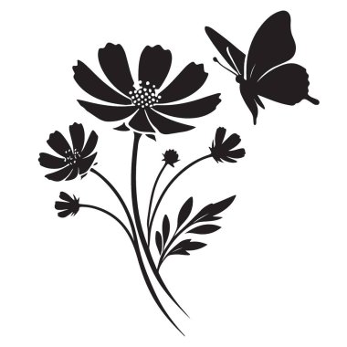 Kelebek ve Çiçek Silueti Vektör Sanatsal Tasarım Elementi