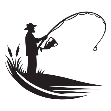 Siluet Balıkçısı İllüstrasyonu Bir Balık Vektörü Tasarımı Yakalıyor