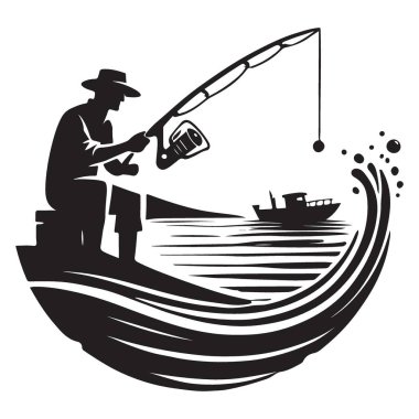 Balıkçı Silueti Resim Vektörü Tekne, Su ve Dalga ile