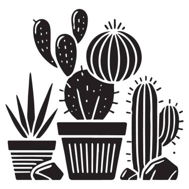 Siluet Saksısı Kaktüsü Resimli Çöl Bitkisi Düzenleme Fikri
