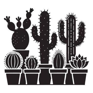 Siluet Kaktüsleri Saksılarda Dekor İçin Botanik Bir Çizim