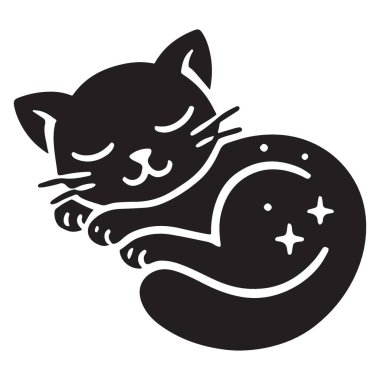 Sevimli Siyah Uyuyan Kedi Çizimi Yıldızlı Gece Tasarımı