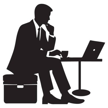İşadamı Silueti, Masa Bilgisayarı ve Kahve Vektörü Grafikleri 'nde çalışıyor