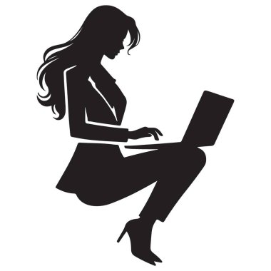 İş kadını Laptop Siluet Biçimli Vektör İllüstrasyonu üzerinde çalışıyor