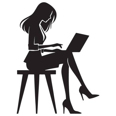 Laptop Vektör Sanatında Yazan Profesyonel İş Kadını Silueti