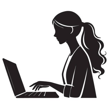 İş kadını Laptop Siluet Vektör İllüstrasyonunda Yazıyor
