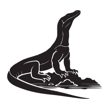 Komodo Ejderhası Siyah Siluet Çizimi Kayaların Üzerinde Dik Duruyor