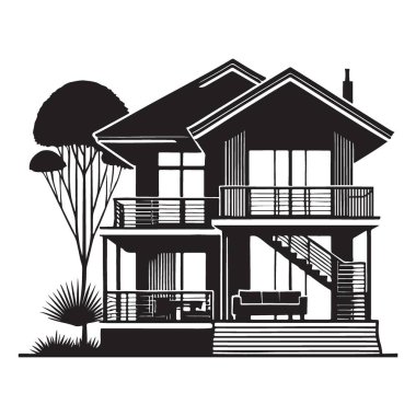 Balkon ve ağaç içeren iki katlı dış tasarım fikri.