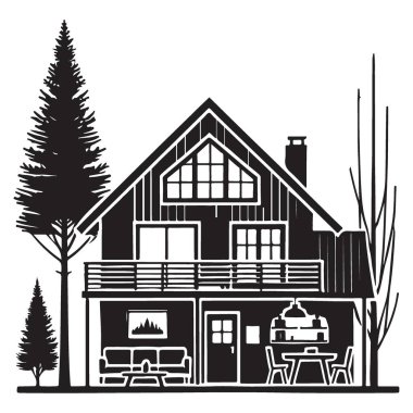 Kabin illüstrasyon dış tasarım balkon ağaçlarını ve kapalı alan detaylarını gösterir