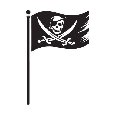 Korsan Bayrağı Kafatası ve Çapraz Kılıç Silueti Beyaz Arkaplanda