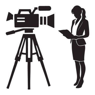Gazetecilik projesi için fotoğraf makinesi ve panosu olan kadın videograf silueti