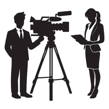 Kamera ve haber spikeriyle profesyonel video kayıt ekibi silueti