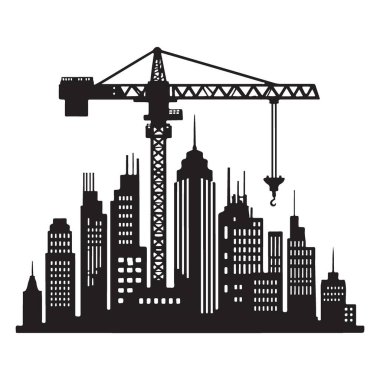Siluet inşaat alanı, vinçle birlikte modern binalar oluşturuluyor.