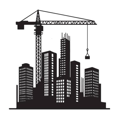 Devam eden inşaat silueti, kule vinç sembollü şehir manzarası.