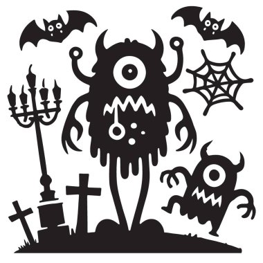 Ürkütücü Cadılar Bayramı Canavar Sahne Vektörü İllüstrasyon Tasarım Elementleri