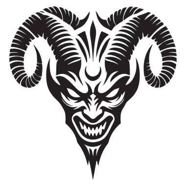 Boynuzları ve tehditkar sırıtışıyla Karmaşık Şeytan Yüzlü Dövme Çizimi