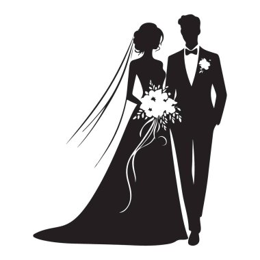 Mutlu Yeni Evli Çiftler 'in Vektör Silueti El ele Yürüyor