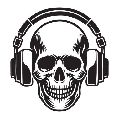 Kulaklıklı Kurukafa Silueti Vektör Grafik Çizim Müzik Tasarımı